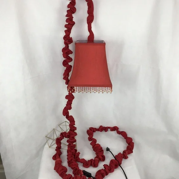 Red Silk Shade Beaded Fringe Hanging Light - Picture 2 of 6